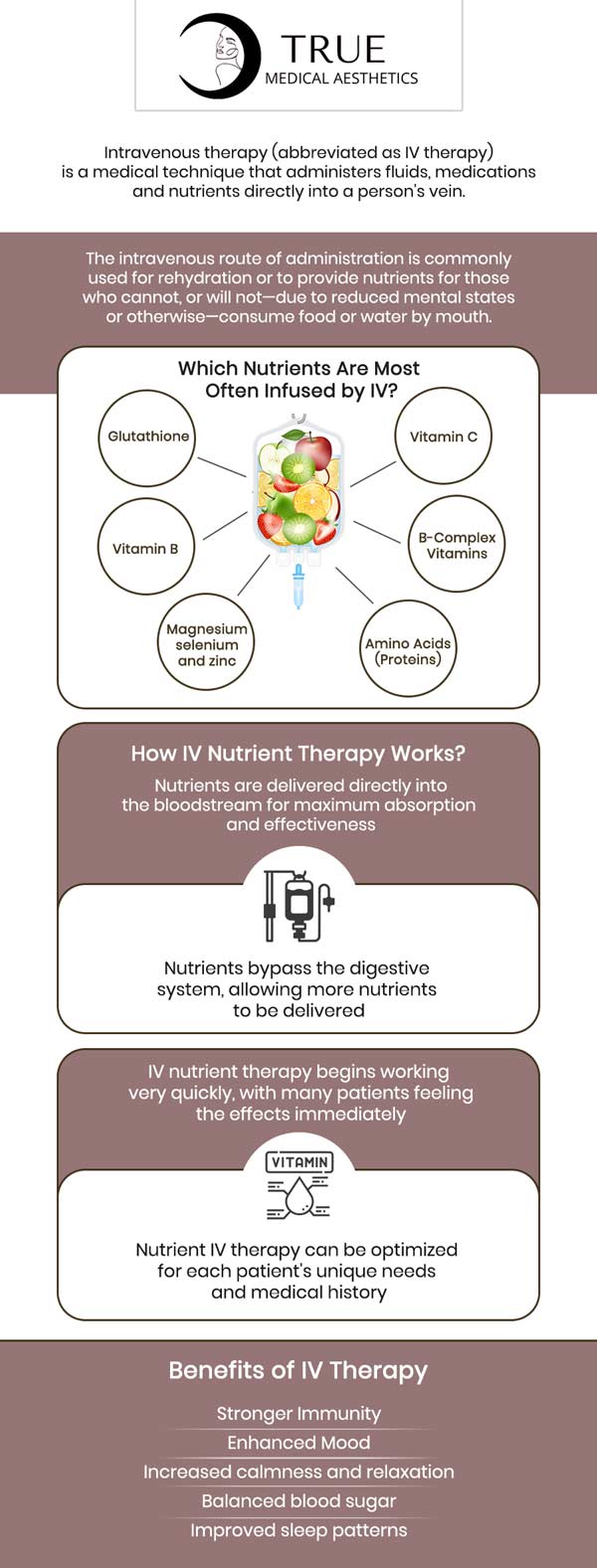 IV vitamin therapy is the treatment of choice for most patients since it strengthens the immune system, helps patients lose weight, improves appearance, improves physical performance, and heals hangovers. Visit Tristen Durkin at True Medical Aesthetics to experience intravenous (IV) vitamin treatment that may revitalize, renew, and fortify your health. We are conveniently located at 50 Avon Meadow Lane Avon, CT 06001. For more information, contact us or request an appointment online.