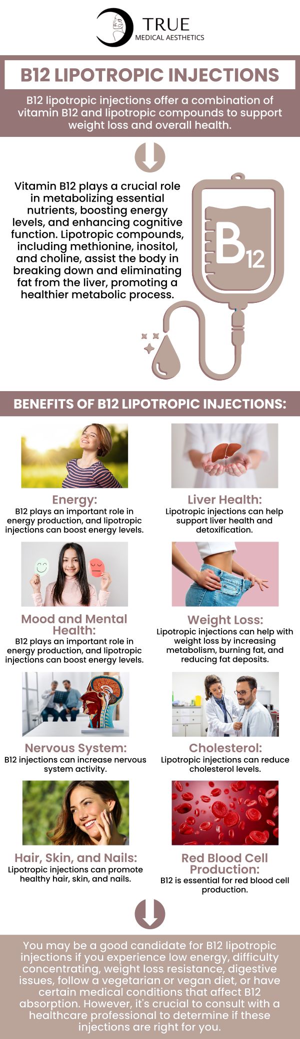 The B12 Lipo Skinny Shot treatment is essential for individuals seeking to enhance their weight loss efforts and boost their overall vitality. At True Medical Aesthetics, Tristen Durkin, RN,  guides clients through this process, ensuring that the treatment is customized to meet their specific needs and goals. With their expertise, we optimize results and provide safe and effective administration, promoting a healthier and more energized lifestyle. For more information, please contact us or schedule an appointment online. We are conveniently located at 50 Avon Meadow Ln, Avon, CT 06001.