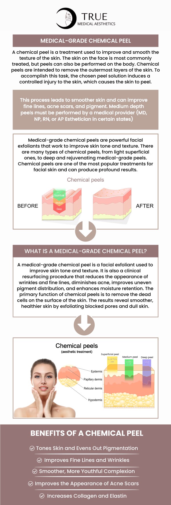 Medical-grade chemical peel treatments provide advanced solutions for improving skin texture, tone, and elasticity. Designed to target deeper layers of skin, these treatments help rejuvenate the complexion and reduce the signs of aging and sun damage. At True Medical Aesthetics, Tristen Durkin and her experienced team tailor each treatment to your specific skin needs, ensuring safe and effective results for a smoother, more radiant complexion. For more information, please contact us or schedule an appointment online. We are conveniently located at 50 Avon Meadow Ln, Avon, CT 06001.