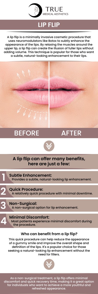 Lip flip is a non-surgical cosmetic procedure using Botox to relax muscles around the upper lip, resulting in a fuller appearance. It's a natural, safe, and cost-effective solution for reducing lip lines, smoothing vertical lines, and addressing a gummy smile. If you want your lips to look fuller without adding volume, try a lip flip. At True Medical Aesthetics, Tristen Durkin and her team offer lip flips. For more information, contact us or book an appointment online now! We are conveniently located at 50 Avon Meadow Lane, Avon, CT 06001. Lip flip is a non-surgical cosmetic procedure using Botox to relax muscles around the upper lip, resulting in a fuller appearance. It's a natural, safe, and cost-effective solution for reducing lip lines, smoothing vertical lines, and addressing a gummy smile. If you want your lips to look fuller without adding volume, try a lip flip. At True Medical Aesthetics, Tristen Durkin and her team offer lip flips. For more information, contact us or book an appointment online now! We are conveniently located at 50 Avon Meadow Lane, Avon, CT 06001.