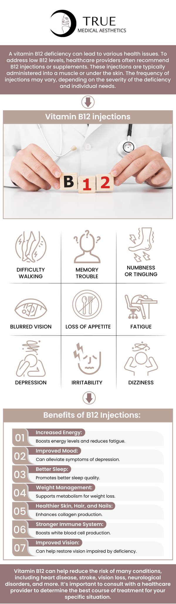 Shots of vitamin B12 can support metabolism, mood enhancement, energy levels, and cognitive function. For people with deficiencies or those seeking to enhance their general health, True Medical Aesthetics offers vitamin B12 injection services. For more information, contact us or schedule an appointment online. Our clinic is conveniently located at 50 Avon Meadow Lane Avon, CT 06001. We serve clients from Avon CT, Simsbury CT, Canton CT, Bloomfield CT, Farmington CT, Burlington CT, and surrounding areas. Shots of vitamin B12 can support metabolism, mood enhancement, energy levels, and cognitive function. For people with deficiencies or those seeking to enhance their general health, True Medical Aesthetics offers vitamin B12 injection services. For more information, contact us or schedule an appointment online. Our clinic is conveniently located at 50 Avon Meadow Lane Avon, CT 06001. We serve clients from Avon CT, Simsbury CT, Canton CT, Bloomfield CT, Farmington CT, Burlington CT, and surrounding areas.