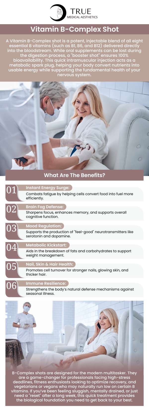 Common questions asked by clients: How does a Vitamin B-Complex shot support a healthy metabolism and weight management? Are there any side effects or risks associated with Vitamin B-Complex shots? How often should you get a Vitamin B-Complex shot to experience maximum health benefits? What are the benefits of a Vitamin B-Complex shot for boosting energy levels in Avon, CT? For more information, contact us or request an appointment online. We are conveniently located at 50 Avon Meadow Lane Avon, CT 06001. We serve clients from Avon CT, Simsbury CT, Canton CT, Bloomfield CT, Farmington CT, Burlington CT, and surrounding areas.